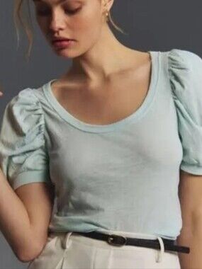 Loft Scoop Neck Puff Sleeve Light Blue Top